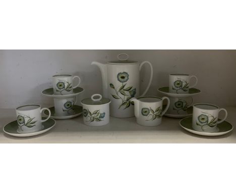 A Susie Cooper 'Katina' coffee service for six comprising of; a coffee pot, sugar bowl, milk jug, six tea cups and saucers 