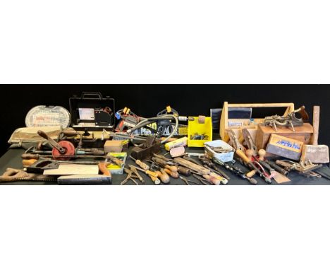 Tools - quantity of wood working tools including; hand planes, multi-plane, various hand saws, hand drills , quick release cl
