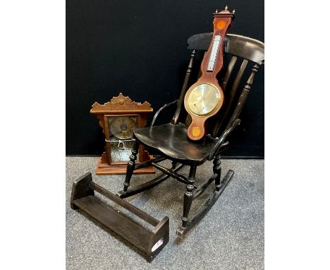 Victorian spindle back rocking chair, 82cm high, arts and crafts mantel clock, twin hole, eight-day movement, marked 'ED', Ed
