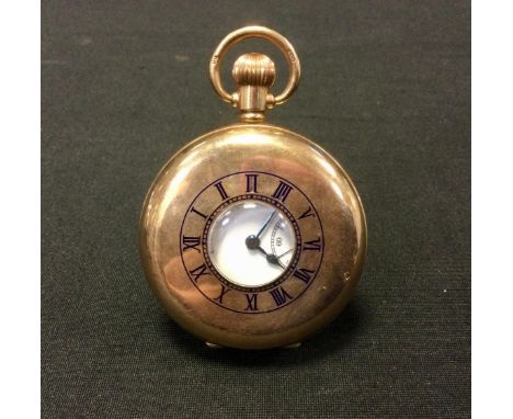 A Vertex 9ct gold cased half hunter pocket watch, white dial, bold Roman numerals, subsidiary seconds, stem wind movement, De