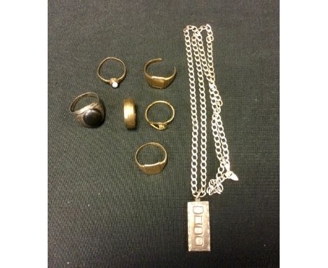 A 9ct gold signet ring,  others, one cut unmarked yellow metal, 13.3g gross;  silver ingot pendant necklace etc 