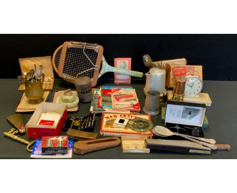 A Miniature Miners Lamp, geology samples, silver plate, flatware, Football programs, vintage Grays Playfair Tennis racquet;  