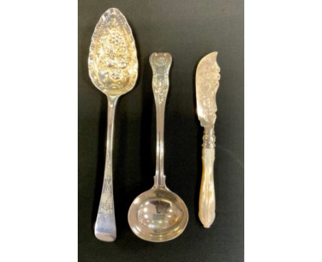 A George IV silver serving spoon, embossed bowl, floral haft, William Seaman, London 1822;   William IV silver sauce ladle, M