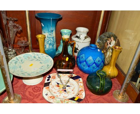 A GROUP OF CERAMIC VASES, PLATES ETC, to include Wileman 'The Foley' faience flared vase, Windmills and Sailing boats scene, 