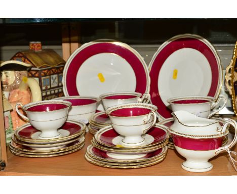 SHELLEY GAINSBOROUGH SHAPE TEAWARES, No11400, maroon band with gilt decoration, to include two cake plates, milk jug, sugar b