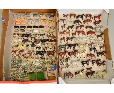 A QUANTITY OF ASSORTED HOLLOWCAST AND WHITE METAL FARM ANIMALS AND ACCESSORIES, condition ranges from playworn to restored/re