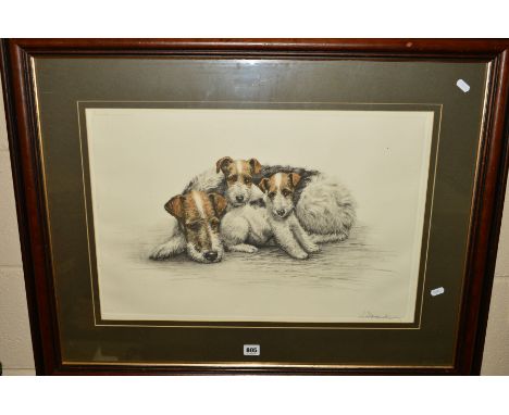 LEON DANCHIN (FRENCH 1887-1939) 'A TERRIER AND HER PUPS', a coloured etching of a family of Terrier dogs, signed bottom right