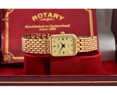 A CASED LADY'S 9CT GOLD QUARTZ ROTARY WRISTWATCH, the rectangular face with baton hour markers and brick link design strap, w