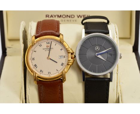 TWO WATCHES, Raymond Weil gold plated wristwatch on brown leather strap, beige Roman numeral dial with the date at 3 o'clock,