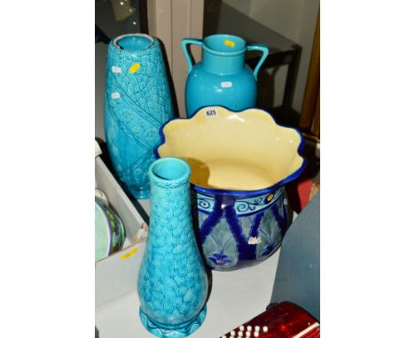 FOUR PIECES BURMANTOFTS FAIENCE to include a jardiniere, impressed 2106 to base, height 28.5cm (some chips and staining), a t