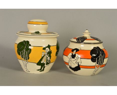 TWO WARDLE POTTERY STORAGE JARS, designed by Frederick Hurten Rhead, both in the Georgian pattern, one in orange and black gl