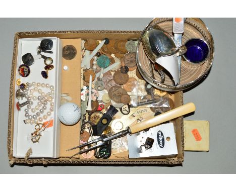 A SELECTION OF COINS, COSTUME JEWELLERY AND SILVERWARE, to include a 1950's silver letter opener with engine turned handle, a