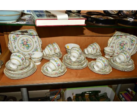 FOLEY CHINA 'MING ROSE' TEAWARES, to include two cake plates, sugar bowl, eleven cups (six hairline/stained/chipped), six 18c