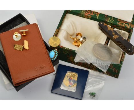 A SELECTION OF ITEMS, to include a cased Tumi card wallet, a pen knife, various dress studs and cufflinks and three coins