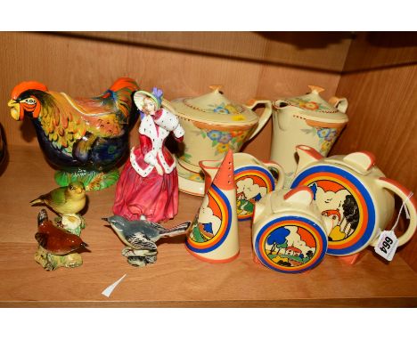 A GROUP OF CERAMICS, to include Chelsea Works Burslem 'Moorland' three piece Deco style tea service and sifter (chipped), Roy