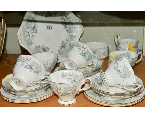 ROYAL ALBERT 'SILVER MAPLE' TEASET, to include cake plate, milk jug, sugar bowl, six cups, six saucers and six side plates