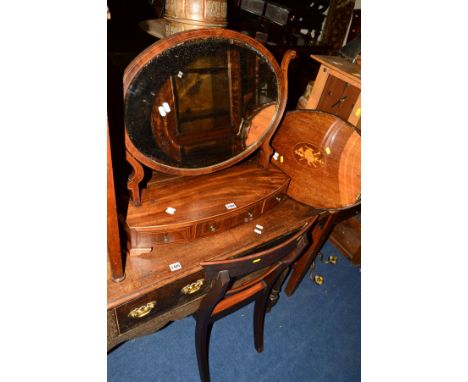 A GEORGIAN MAHOGANY AND BANDED BOWFRONT TOILET MIRROR with three drawers, together with an Edwardian oval tray with wavy gall