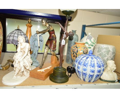 A GROUP OF MODERN FIGURES, VASES, LAMPS ETC, to include a Crosa Deco style semi-nude resin figure lamp base, height 65cm, a c