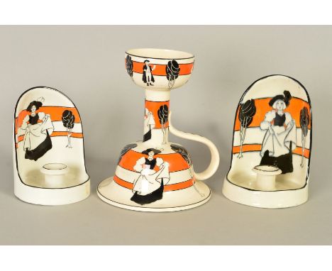 THREE WARDLE POTTERY CANDLESTICKS DESIGNED BY FREDERICK HURTEN RHEAD IN THE GEORGIAN PATTERN, impressed and printed marks to 