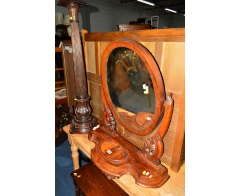 A VICTORIAN FLAME MAHOGANY OVAL TOILET MIRROR (sd) together with a Victorian mahogany column torchere stand, Victorian chiffo