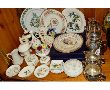 A THREE PIECE BORDER ELLIS PLATED TEA SERVICE AND SIMILAR WATER JUG, together with a group of ceramics, Wedgwood, Worcester, 