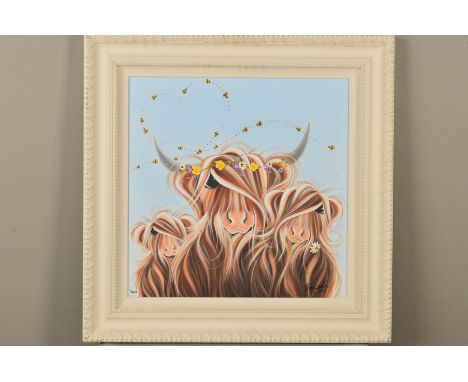 JENNIFER HOGWOOD, 'Mini Moos and Me', an artist proof edition print of three stylised cows, 12/20, size approximately 50 x 50