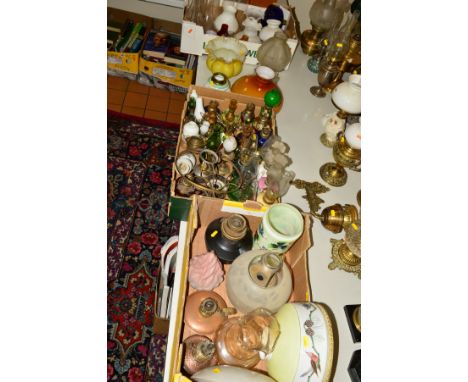 THREE BOXES AND LOOSE OIL LAMP CHIMNEYS, SHADES, FITTINGS ETC, to include miniature oil lamps