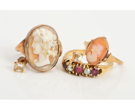 THREE RINGS AND A PAIR OF STUD EARRINGS, to include two cameo rings, one a/f, a glass filled ruby and cultured pearl ring and