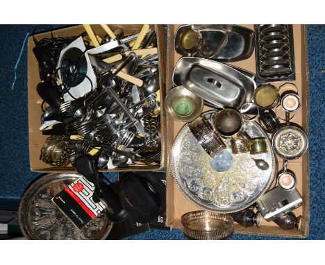 TWO BOXES OF SILVER, SILVER PLATE, STAINLESS STEEL, etc, including a silver and enamel teaspoon, loose cutlery, a Tom Tom, ca