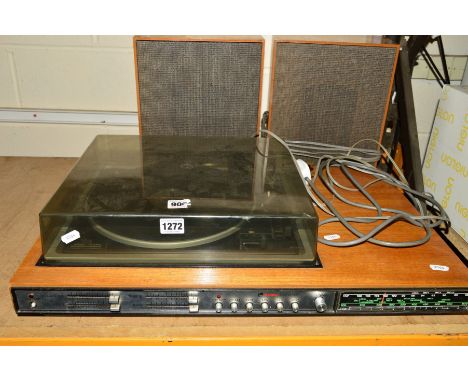 A VINTAGE RANK BUSH SCENE ONE MUSIC CENTRE IN TEAK CASE, with two speakers