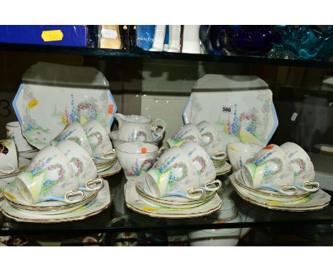 SHELLEY IDEAL CHINA TEA SET, Cambridge shape, Arch of Roses and Sundial pattern, Rd823343, IS0162, to include two cake plates