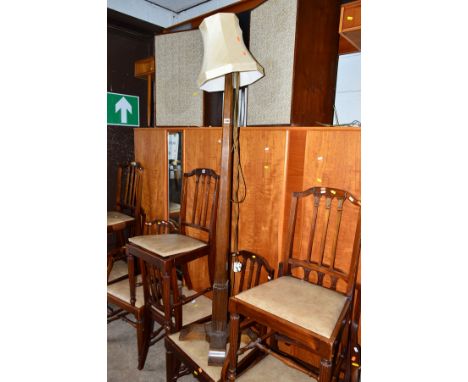 A SET OF EIGHT REPRODUCTION MAHOGANY DINING CHAIRS, including two carvers, an Oak square tapering standard lamp, together wit