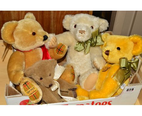 FOUR LIMITED EDITION MERRYTHOUGHT TEDDY BEARS, 'Pineapple' 41/75, 'Oyster Pearl' 28/250 with growler, 'Magnet Bear' 32/250 wi