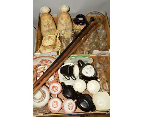 TWO BOXES AND LOOSE CERAMICS, GLASS, WALKING STICKS, etc, to include Midwinter Stylecraft teawares, late 19th/early 20th Cent