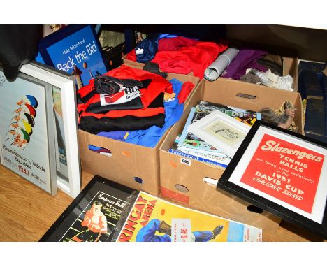 FOUR BOXES OF SPORTING RELATED ITEMS, to include books, clothing, posters, pictures etc, (ice hockey, skating, tennis, Olympi