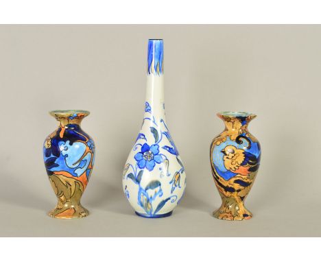 FREDERICK RHEAD FOR BURSLEY WARE, a pair of baluster shaped vases with painted bird and foliage decoration, printed backstamp