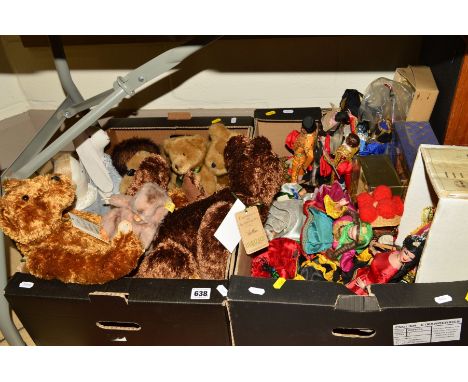 TWO BOXES OF TEDDY BEARS, COLLECTORS DOLLS, etc, to include Steiff 'Piff' Beaver No220/17, five Boyds Collection Bears, two H