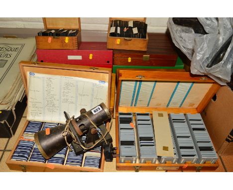 VARIOUS SLIDE CASES, containing coloured plates and slides of British landscape, other scenes, with small projector