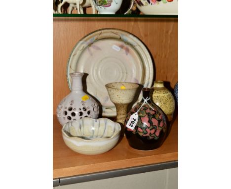 SIX STUDIO POTTERY ITEMS to include bulbous bud bases with 'PM' to base, height 13cm, a goblet shaped item, impressed marks t