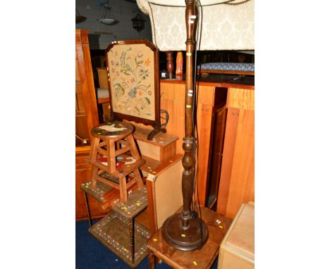A QUANTITY OF VARIOUS OCCASIONAL FURNITURE to include a pine open bookcase, oak firescreen, two painted stools, three occasio