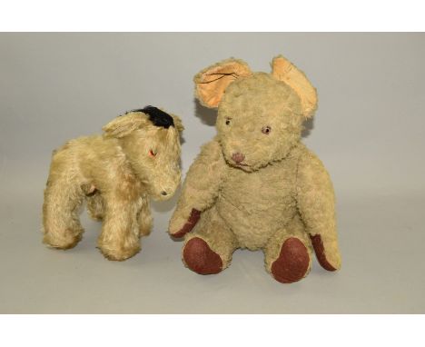 A CHAD VALLEY PLUSH DONKEY, glass eyes, playworn condition with some fur loss and damage, woodwool filled, remains of Chad Va