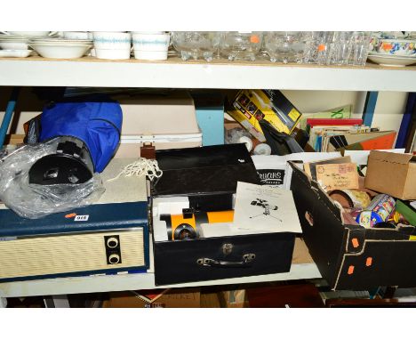 THREE BOXES AND LOOSE SUNDRY ITEMS, to include a Fidelity record player, boxed telescope (short tube Catadioptric, D = 76cm, 