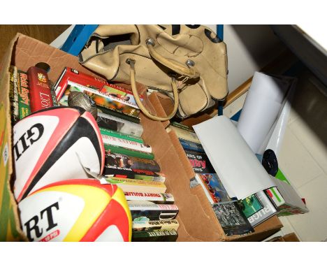 THREE BOXES AND LOOSE RUGBY RELATED ITEMS, to include pictures, books, novelty lighter, rugby balls, bag, posters etc