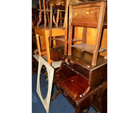 A VICTORIAN MARBLE TOPPED WASHSTAND, a satinwood school desk, a pine school desk, a painted mirror, two coffee tables, two so