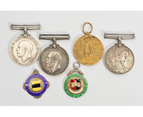 A SELECTION OF MEDALS AND MEDALLIONS, to include two enamel medallions, three British War medals and one Victory medal for WW