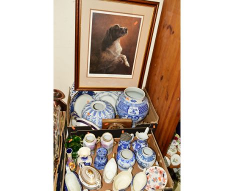 TWO BOXES AND LOOSE CERAMICS, GLASS, PICTURE, etc, to include a pair of Noritake twin handled vases, Old Tupton Ware bud vase