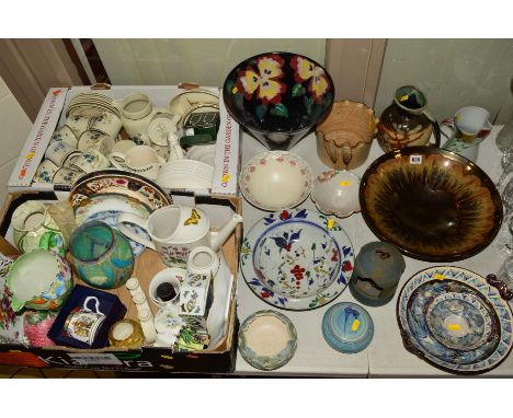 TWO BOXES AND LOOSE CERAMICS, to include Poole Pottery bowl, brown glazes, diameter 35cm, various studio pottery vases, jugs,