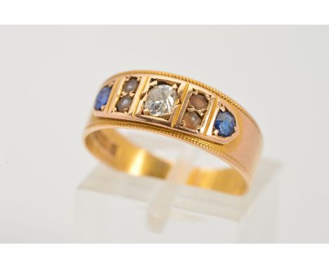 A LATE VICTORIAN 15CT GOLD SAPPHIRE, DIAMOND AND SPLIT PEARL RING, designed as a lightly tapered flat band with millegrain ed