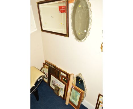 A MODERN MAHOGANY AND BRASS BEVELLED EDGE WALL MIRROR together with a pair of foliate mirrors, another mirror and eleven vari