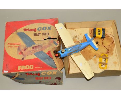 A BOXED TRI-ANG COX FROG MODEL READY TO FLY 'FLEDGLING' SPORTS TRAINER MODEL AEROPLANE, No.748, not tested but appears largel